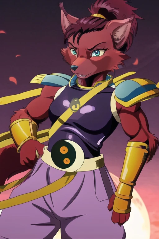 Ninjara_TMNT, fox, furry, solo, crimson fur, crimson body, ponytail, armor, yin yang ,yin yang belt, purple pants, shoulder pads, shoulder armor, steel bracelets, hair tie, blue eyes, tokyo, best quality, masterpiece
