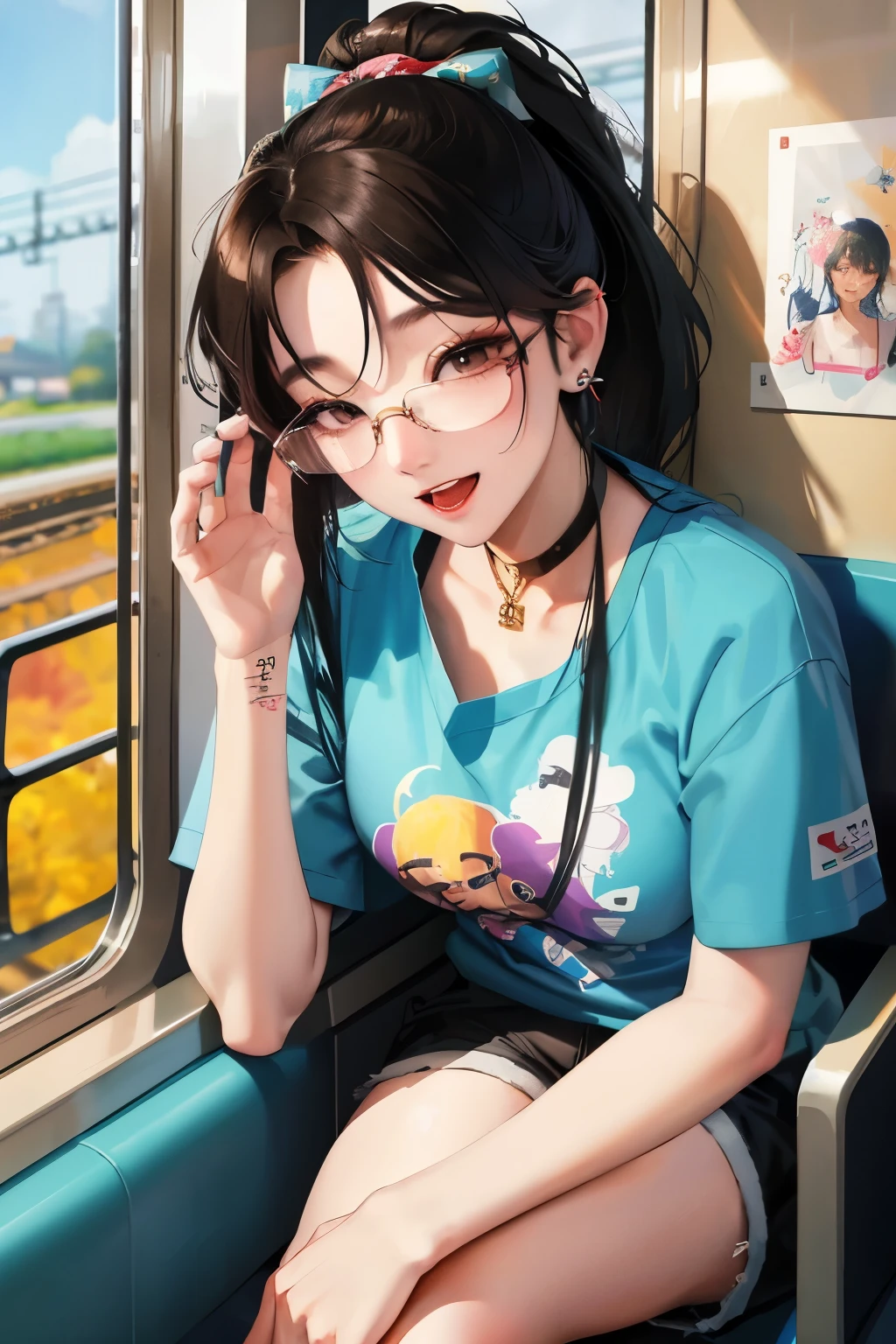 Korean gangster girl, (28 years old), in the train, evening, shorts, glasses, tattoo, happy expression, (focus from top), (masterpiece, best quality, extremely detailed, hyper realistic)
