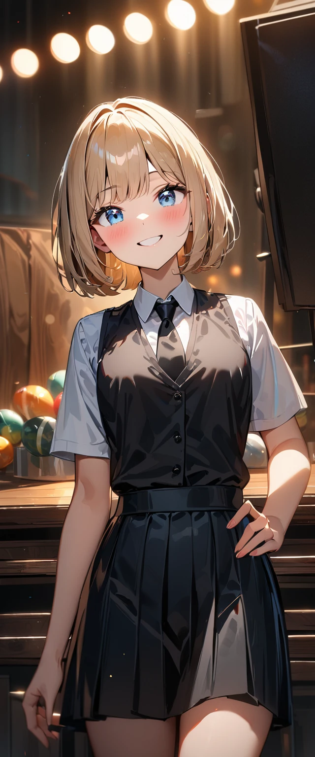 (((One girl))), blond hair, bob cut, (cowboy shot), (looking at viewer), face in focus, ager, head tilt:1.3, (((blue eye))), ((happy smile)), ((blush)), contrapposto, one hand on hip, school summer uniform, white shirts, ((black tie under the waistcoat)), black skirt, black waistcoat, anime style, (best quality, 4k, 8k, highres, masterpiece:1.2, ultra-detailed, ultra-detailed eyes, HDR, UHD, studio lighting, ultra-fine painting, sharp focus, physically-based rendering, extreme detail description, professional, vivid colors, bokeh)