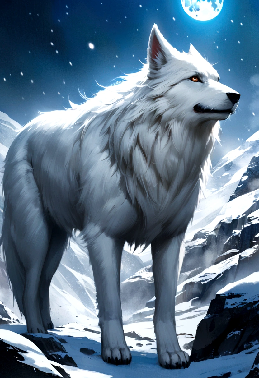 Huge white wolf standing in a snowy landscape, Unleash an aura of beauty and power."Living on a rock、Moon background、Realistic、Real
