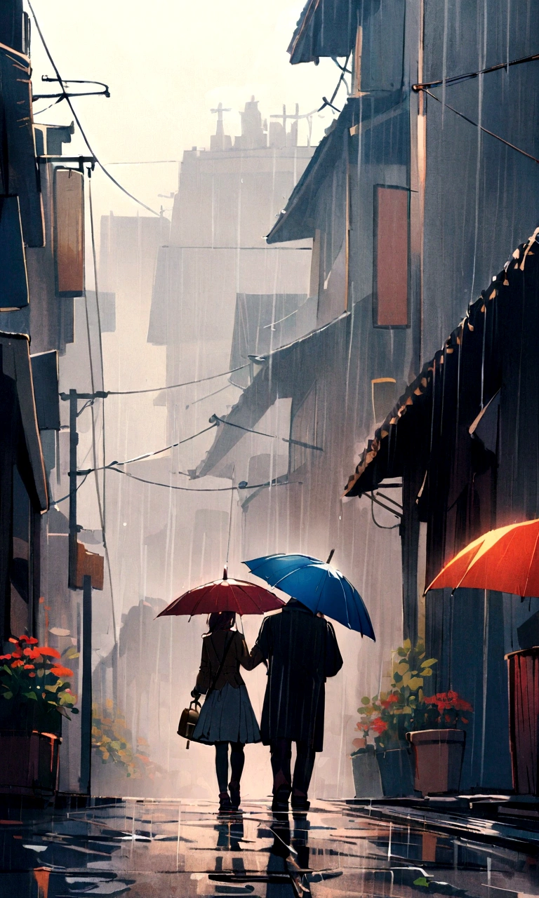 2 lovers walk on the way in the rain with umbrella