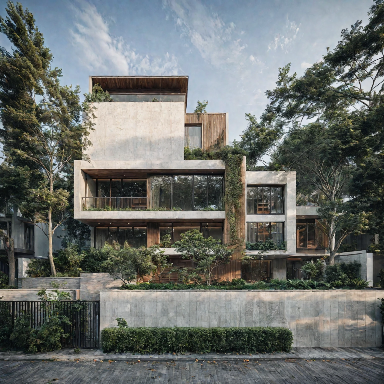 Masterpiece, high quality, best quality, authentic, super detail, outdoors, onestoreyvillaXL, aiaigroup, house style modern on the street ,stairs, white wall ,road,pavement, grass, trees, sky, cloud, (daylight:1.1)