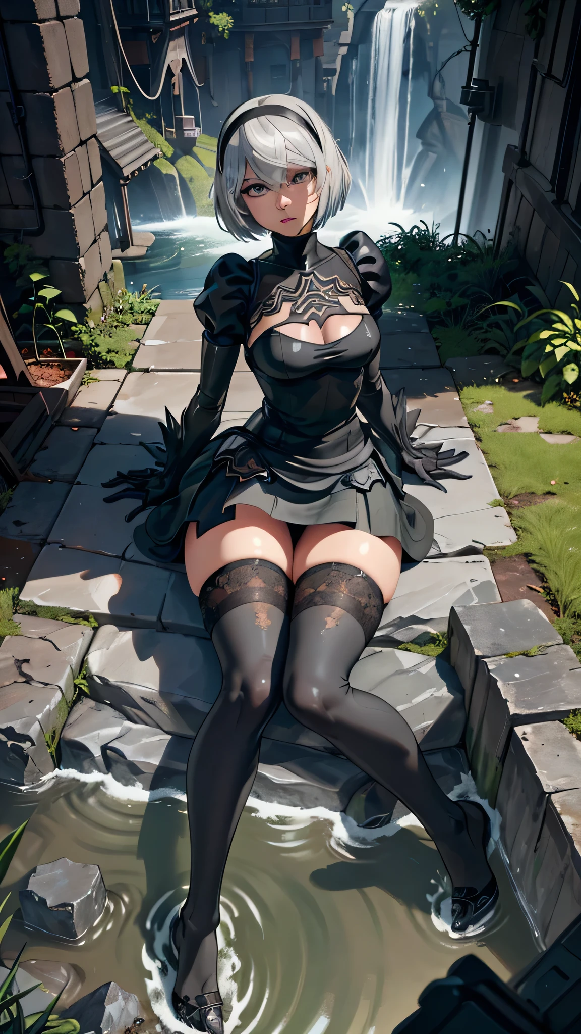pov, Camera from above, Overhead view, There is only one girl in the frame, assv, close - up photo, lying on side, lying on side, Arm on the waist, sexypo woods, Ruins, water fall, erotica, legs, White Hair Bob, ashy hair, The eyes are covered with a bandage, Cyan eyes, black dress with a short skirt, short black skirt, Skirt covers buttocks, necklie chest, white panty, black stockings, black boots, high-heeled boots, very extremely beautiful, Small firm buttocks, Slender figure, Ful(Body Full 1.1),Game nier automata, ruined city, The city, overgrown with plants, Ruins, high detail official illustrations, ((beautiful fantasy girl)),Red Small Breasts, Her breasts are sticking outnder her clotEAK (Master Part: 1.2), Best Quality, High Resolution, photorealestic, photogenic, Unity 8k Wallpaper, (illustartion: 0.8), (Beautiful detailed bluish-gray eyes: 1.6), extremely detailed face, perfect lighting, extremely detailed CGI , (perfect arms, perfect anatomy), A girl with perfect breasts, beatiful face, master study, intricate detifelike details, the anime, (Based on nier automata) the perfect body, The Perfect Girl, perfect details, ultra HD |, 8K, Professional photo, Anime Style 2B,