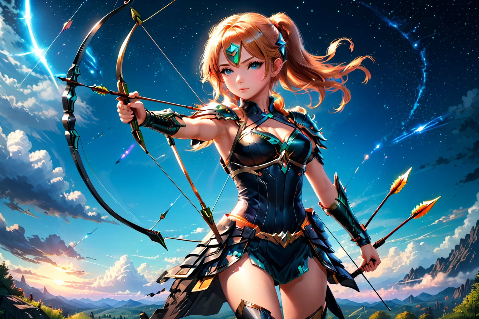 (anime character holding a sci-fi bow and pulling the magic arrow floating in the sky), 2.5d cgi anime fantasy artwork, extremely detailed art, detailed digital fantasy art, portrait archers of zodiac girl, 8k high quality detailed digital art, ((full body)), floating in the air, the legs are seen wearing full black armor, dark background with neon lights, ((right hands holding the sci-fi bow and left hand pulling the magic arrow)), this beautiful girl is a professional archer.