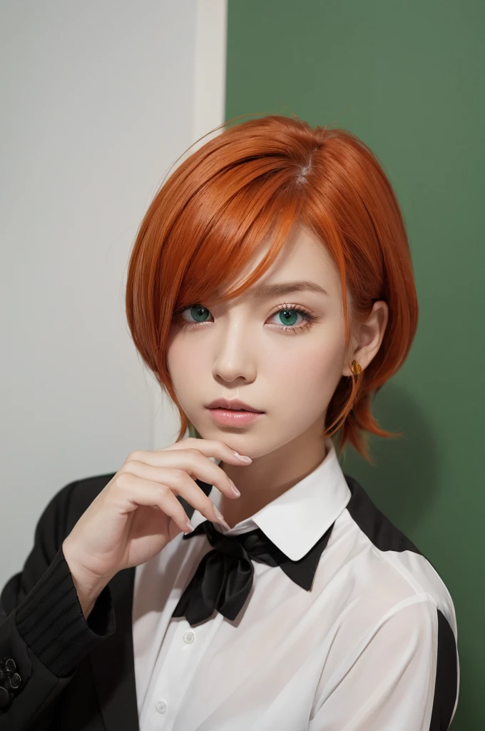 male、Orange hair, center parted and combed to the side、顔は童顔だけどmaleの子らしいゴツゴツとした印象もある美青年、The eyes are emerald-colored and slanted.、I have the music sheet and the paper。