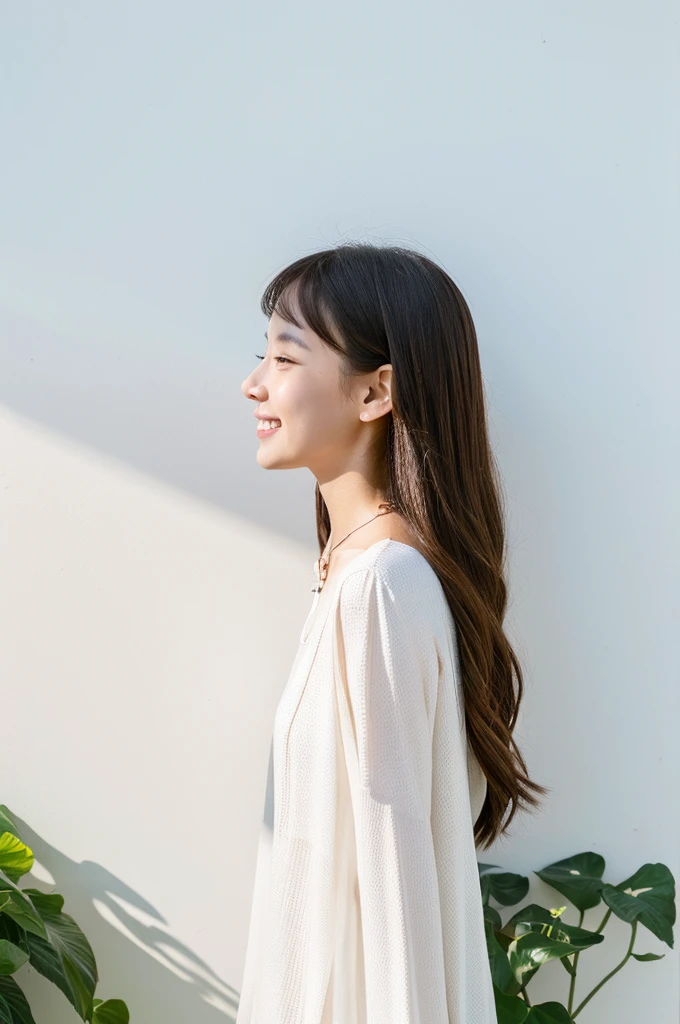 Patterned long sleeve dress、(8K、RAW Photos、Highest quality、masterpiece:1.2)、High-quality RAW color photos、Professional photos、(Realistic、photo Realistic:1.37)、Cinematic Light、1 Girl、Laughter、White wall、In front of a white door、(窓のあるWhite wallの部屋)、Various poses、break (Ombre:1.3) 、Simple Necklace、Spring Clothes、(Beautiful profile:1.3)、Don&#39;Don&#39;t look at the camera、profile、Dark brown hair color、short hair、Looking down、Look down