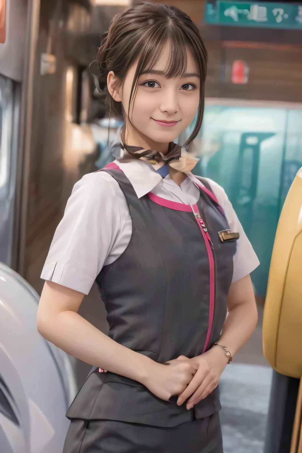 (masterpiece:1.2, Highest quality:1.2), 32k HDR, High resolution, (alone、One girl)、（At the station platform、Professional Lighting）、Empty train station platform background、（Realistic style of JR Gran Class crew uniform）、Short sleeve blouse、a scarf around the neck、（JR Gran Class flight attendant uniform with pink parts on the skirt sleeves）、（The uniform of a flight attendant in JR Gran Class has a pink line on the front zipper of the vest.）、Dark brown hair、（Chignon、Hair tied up）、Dark brown hair、Long Shot、Big Breasts、（（Great hands：2.0）），（（Harmonious body proportions：1.5）），（（Normal limbs：2.0）），（（Normal finger：2.0）），（（Delicate eyes：2.0）），（（Normal eyes：2.0））)、Big Breasts、Luxury Necklace、smile、Beautiful standing posture,Place your hands around your stomach