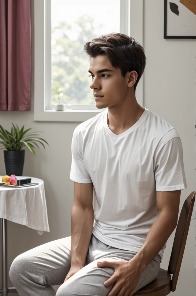 "A young man, seated at a table in a casually decorated room, gazes thoughtfully into the distance. Wearing a simple white t-shirt and light grey pants, he appears relaxed yet introspective, holding a phone in his hand. The colorful backdrop adds a touch of vibrancy to the scene, suggesting a moment of quiet contemplation amidst the everyday surroundings."