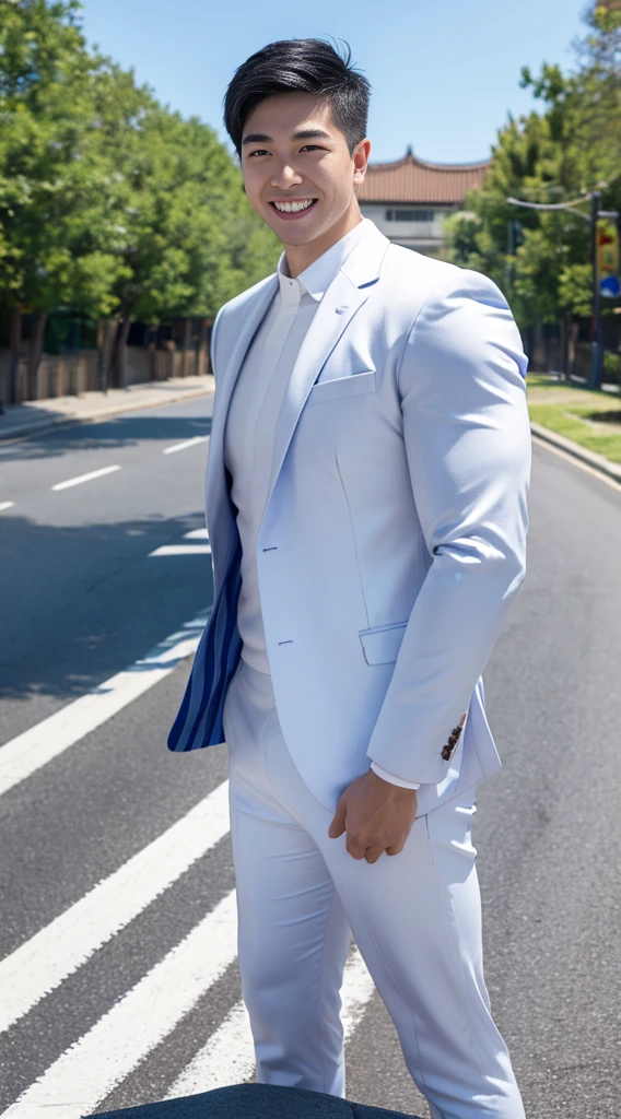Masterpiece, best quality best, 1 young man, Asian man, East Asian people, one person, The muscles are in good proportion., Posing obscenely, short hair details，smile, white teeth, blue striped suit, road background, Realistic style，photography，Can be seen from the front, see viewers
