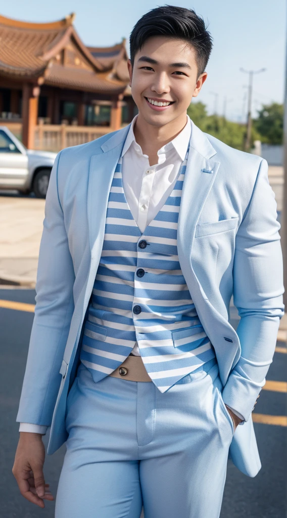 Masterpiece, best quality best, 1 young man, Asian man, East Asian people, one person, The muscles are in good proportion., Posing obscenely, short hair details，smile, white teeth, blue striped suit, road background, Realistic style，photography，Can be seen from the front, see viewers