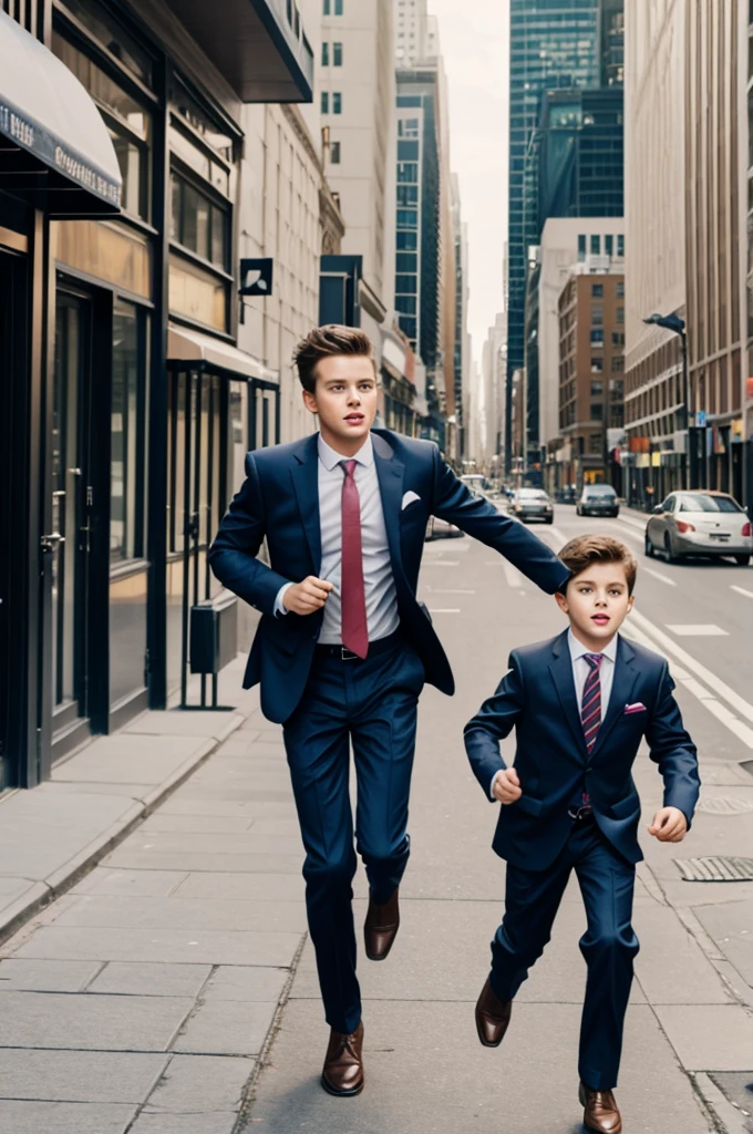 Create an image of a girl in a dress chasing a boy in a suit and a briefcase across the city