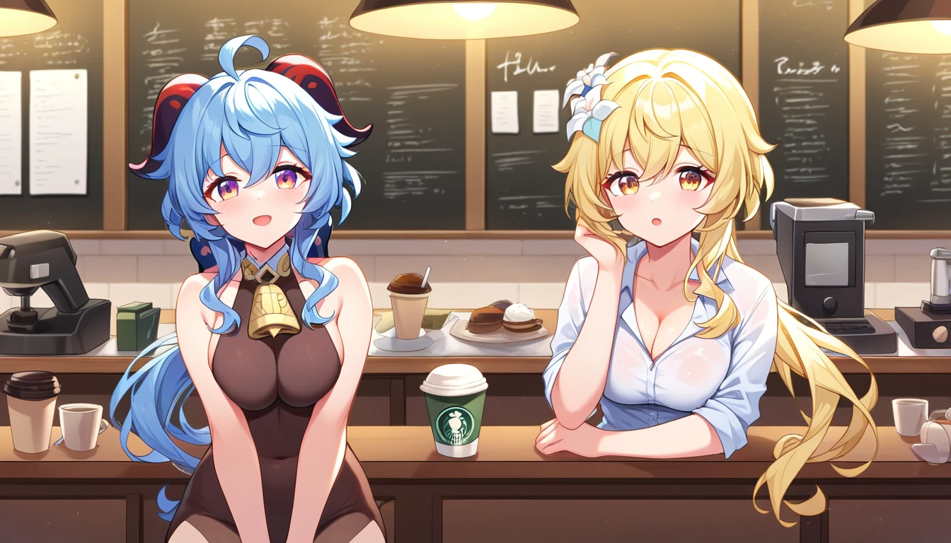 ((2girls:1.3)), ((moe style:1.3)), ganyu (genshin impact), lumine (genshin impact), full body, ((coffee shop)), ((perfect face)), ((extremely cute:1.3)), ((masterpiece:1.3)), ((8k)), ((best quality:1.3)), ((beautiful)), ((extremely detailed:1.3)) , ((absurdres)), AddXL, ((score_9:1.3)), ((score_8_up:1.3)), ((score_7_up:1.3))
