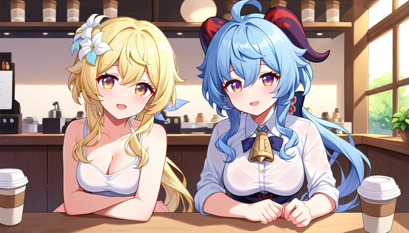 ((2girls:1.3)), ((moe style:1.3)), ganyu (genshin impact), lumine (genshin impact), full body, ((coffee shop)), ((perfect face)), ((extremely cute:1.3)), ((masterpiece:1.3)), ((8k)), ((best quality:1.3)), ((beautiful)), ((extremely detailed:1.3)) , ((absurdres)), AddXL, ((score_9:1.3)), ((score_8_up:1.3)), ((score_7_up:1.3))
