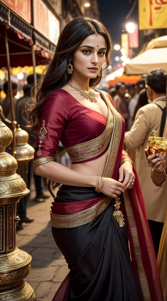 In the bustling streets of a vibrant Indian city, amidst the kaleidoscope of colors and scents, a woman (((Keira Knightley:0.7))) clad in a vibrant red saree and a black blouse becomes an ethereal sight that captivates all who lay eyes upon her. Her undeniable beauty transcends time and space, leaving onlookers spellbound.
Describe the scene as the woman, with her graceful presence, glides through a crowded marketplace, where merchants and shoppers pause to admire her radiance. The atmosphere is alive with whispers as her mesmerizing allure evokes a sense of awe and admiration.
Embark on a journey to reveal the woman’s story—her name, her background, her passions—and the reasons behind her choice of attire. Explore her persona, intertwining elements of mystery and allure, as people speculate on the secrets hiding behind her enchanting gaze.
Incorporate the sights, sounds, and emotions that surround this extraordinary woman, as she navigates through the city’s vibrant tapestry. Whether it be the scent of freshly ground spices, the distant sound of temple bells, or the intricate henna designs adorning her hands, immerse the reader in the sensory experience of this captivating moment.
As the story unfolds, her path intertwines with that of a curious photographer who becomes determined to capture her undeniable beauty in a single photograph. Describe their encounters, the photographer’s attempts to understand her story, and the profound impact this woman’s presence has on his own life.