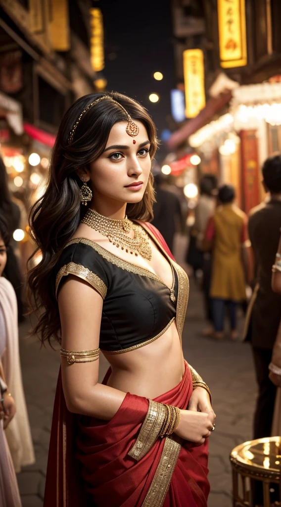 In the bustling streets of a vibrant Indian city, amidst the kaleidoscope of colors and scents, a woman (((Keira Knightley:0.7))) clad in a vibrant red saree and a black blouse becomes an ethereal sight that captivates all who lay eyes upon her. Her undeniable beauty transcends time and space, leaving onlookers spellbound.
Describe the scene as the woman, with her graceful presence, glides through a crowded marketplace, where merchants and shoppers pause to admire her radiance. The atmosphere is alive with whispers as her mesmerizing allure evokes a sense of awe and admiration.
Embark on a journey to reveal the woman’s story—her name, her background, her passions—and the reasons behind her choice of attire. Explore her persona, intertwining elements of mystery and allure, as people speculate on the secrets hiding behind her enchanting gaze.
Incorporate the sights, sounds, and emotions that surround this extraordinary woman, as she navigates through the city’s vibrant tapestry. Whether it be the scent of freshly ground spices, the distant sound of temple bells, or the intricate henna designs adorning her hands, immerse the reader in the sensory experience of this captivating moment.
As the story unfolds, her path intertwines with that of a curious photographer who becomes determined to capture her undeniable beauty in a single photograph. Describe their encounters, the photographer’s attempts to understand her story, and the profound impact this woman’s presence has on his own life.