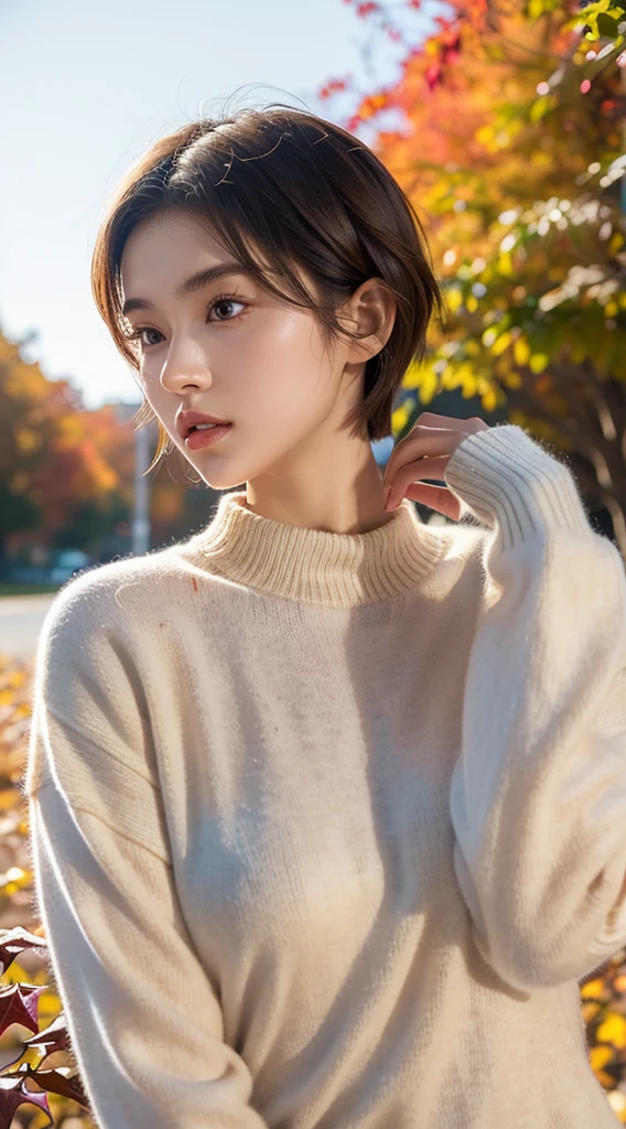 20-year-old girl，Sweaters,  short hair, (upper part of body:1.2), Autumn leaves, Outdoor sports, volumettic light, Cinematic, golden age, natural  lightting, realistically, natural  lightting, professional DSLR camera,