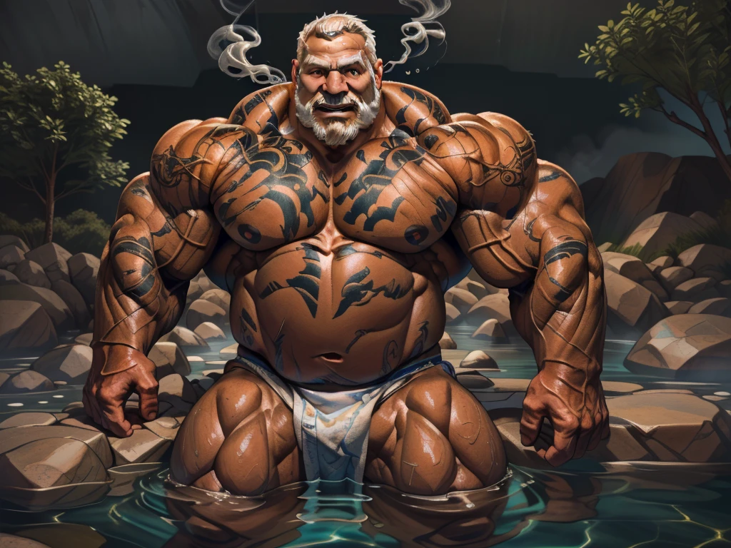 (best quality,4k,8k,highres,masterpiece:1.2),ultra-detailed,(realistic,photorealistic,photo-realistic:1.37),dramatic lighting,chiaroscuro,atmospheric,moody,cinematic. huge muscular old man soaking in an open onsen, white and short hair, white beard, old, old man, grandpa, half submerged, huge scar on chest, , (huge muscular), (YakuzaTattoo:1.2), detailed muscles, 8k, masterpiece:1.2, hyperrealistic, white fundoshi:1.2, highly detailed full body, ((really big muscle, massive muscular, sixpack, thick arms, wide pectoral, super huge muscle, small head, huge shoulder, hyper muscular, submerged, floating steam, over sized muscle, huge arms, big arms, huge pectoral)), rich colors, serene atmosphere, hot spring, landscape, soft ambient lighting, wrinkled skin, happy expression, reflective water, peaceful relaxation