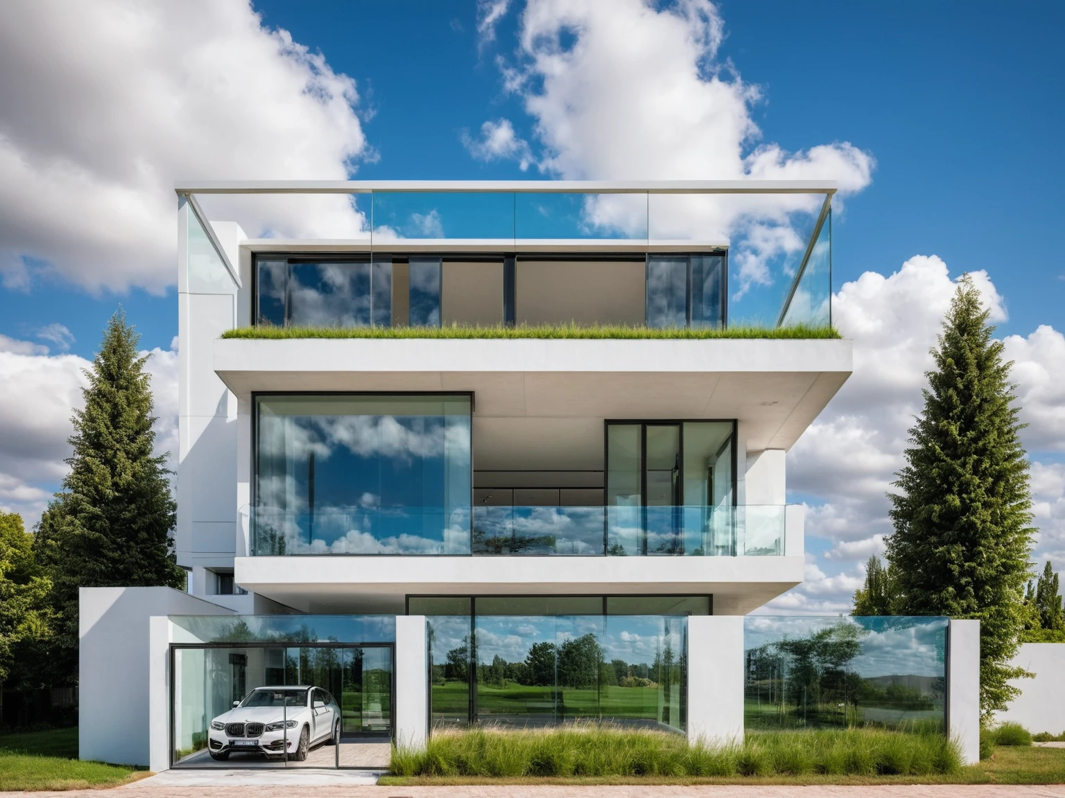 Raw photo, Masterpiece, high quality, best quality, authentic, super detail,
outdoors, house style modern, white wall, glass windows, canopy, car, glass railing,
road, grass, trees, sky, cloud, daylight:1.1), vivid colors, (realistic:1.2),