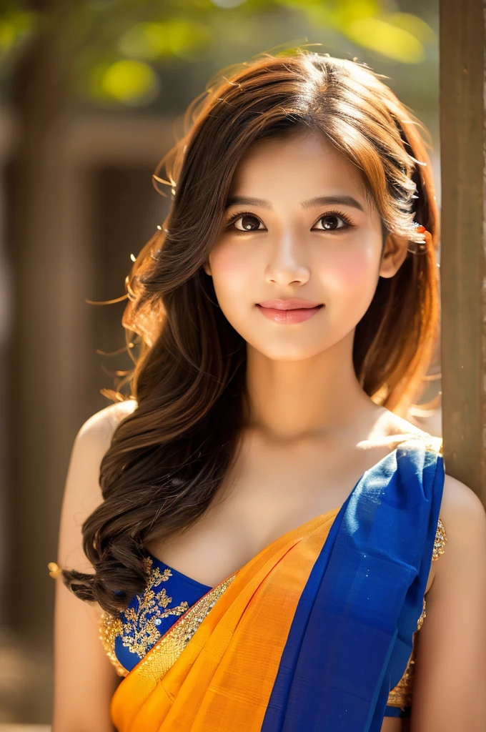 an hot and beautiful saree wearing smart girl, her face is very bright and medium size breast also smart expression as well as traditional