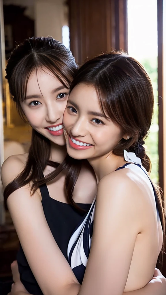 Very cute high school sisters hugging each other and looking at us with smiles,my sister has a black ponytail,My sister has short brown hair..,Looks happy,Anatomically correct,Cheek Slide,indoor,Photorealism,masterpiece