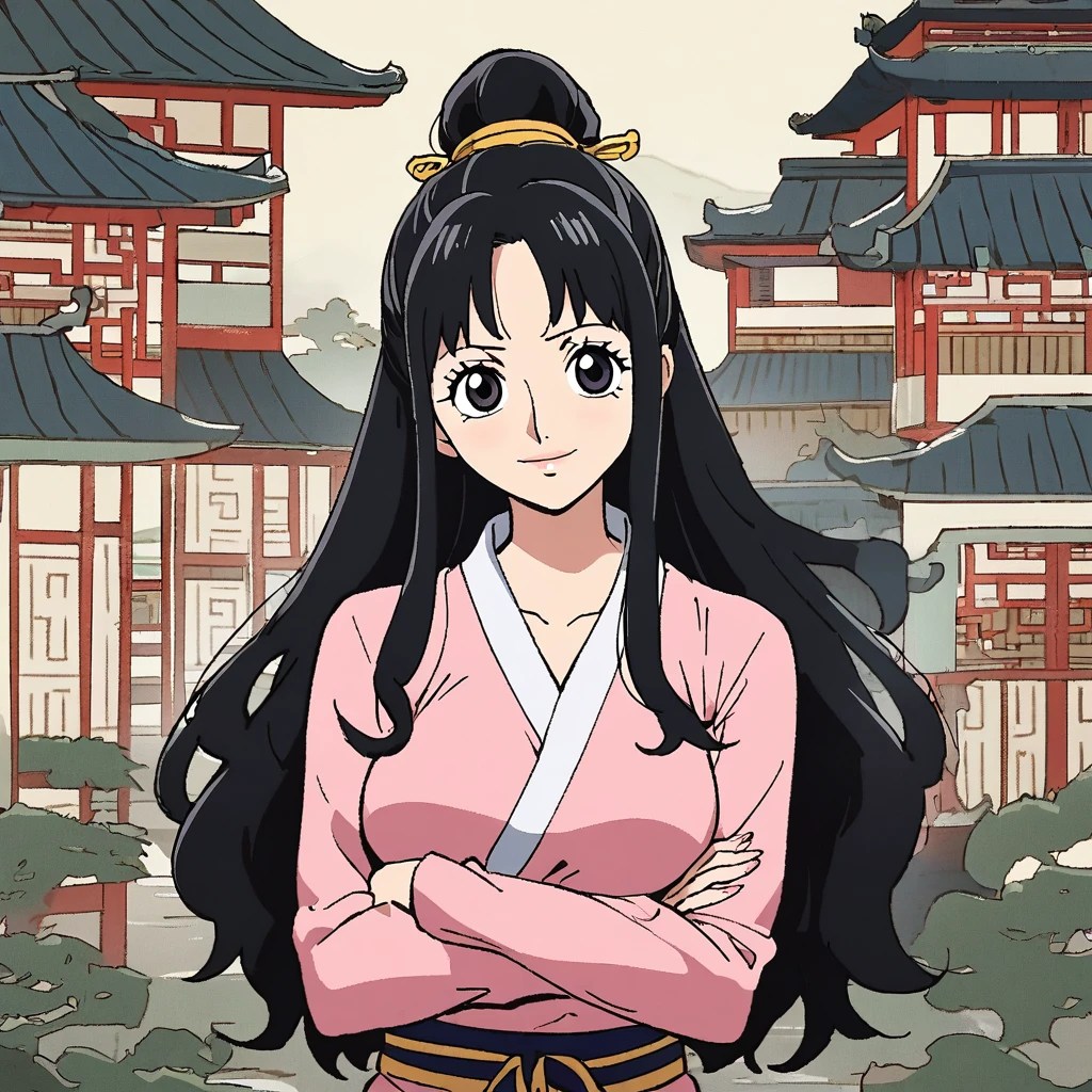 1girl, ((robin)), (robin from one piece  anime)) mature anime girl, 25 years old anime women, long_hair, black_eyes, black hair, solo, ((black_hair)), looking_at_viewer, breasts, upper_body, bangs, sash, long_sleeves, cross arms, Chinese architectureal background, 