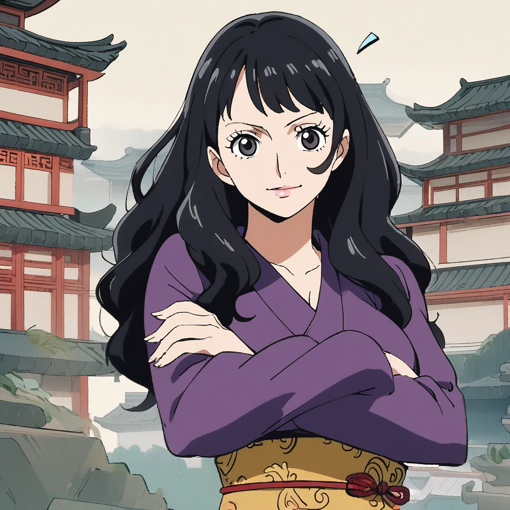 1girl, ((robin)), (robin from one piece  anime)) mature anime girl, 25 years old anime women, long_hair, black_eyes, black hair, solo, ((black_hair)), looking_at_viewer, breasts, upper_body, bangs, sash, long_sleeves, cross arms, Chinese architectureal background, 