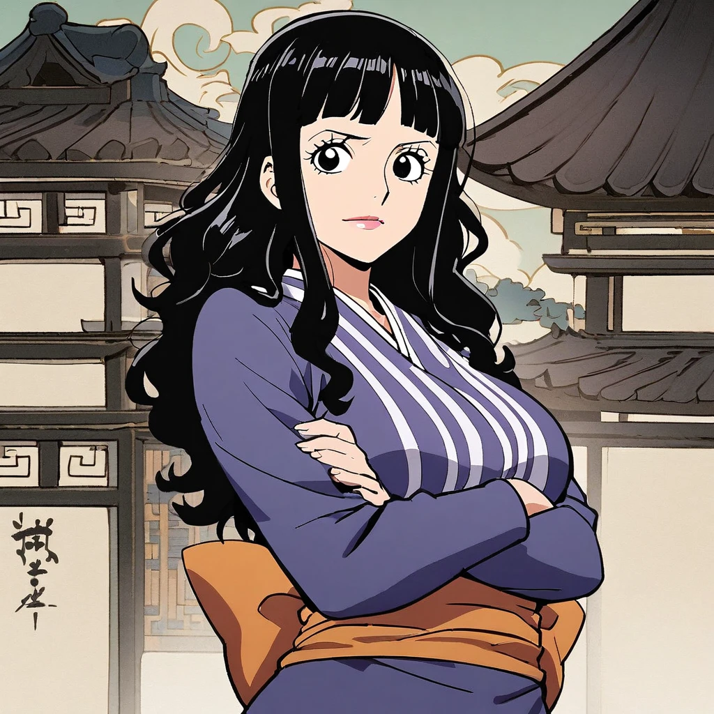 1girl, ((robin)), (robin from one piece  anime)) mature anime girl, 25 years old anime women, long_hair, black_eyes, black hair, solo, ((black_hair)), looking_at_viewer, breasts, upper_body, bangs, sash, long_sleeves, cross arms, Chinese architectureal background, 