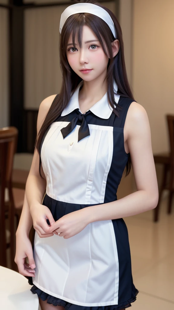 8K, Highest quality, Tabletop:1.2), (Realistic, Photorealistic:1.37), Highest quality, Tabletop, Beautiful young woman, Pensive expression,、attractive、そしてattractive表情, Cute maid outfit, Tie your hair back, Movie Background, Light skin tone