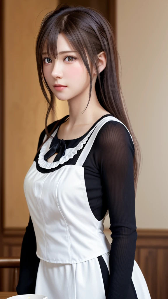 8K, Highest quality, Tabletop:1.2), (Realistic, Photorealistic:1.37), Highest quality, Tabletop, Beautiful young woman, Pensive expression,、attractive、そしてattractive表情, Cute maid outfit, Tie your hair back, Movie Background, Light skin tone