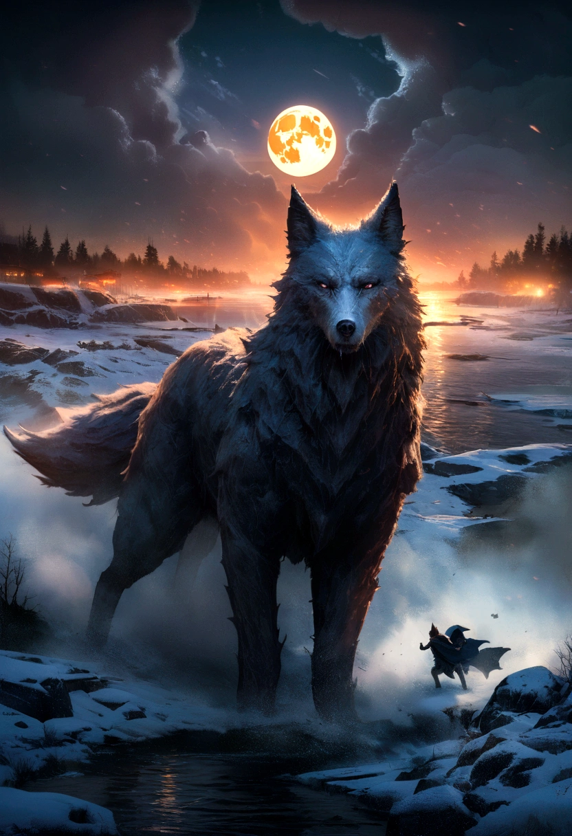 Wolf God, Surreal, tense, cold, Very detailed, sharp, Professional, 8K Ultra HD, movie, dark, violent, Outdoor, river, Fight, Tracking, dramatic, Vivid, tense atmosphere, rendering, amazing, Twilight, High resolution, Album cover, Blizzard,、Giant Wolf、Moon background、Realistic、Real