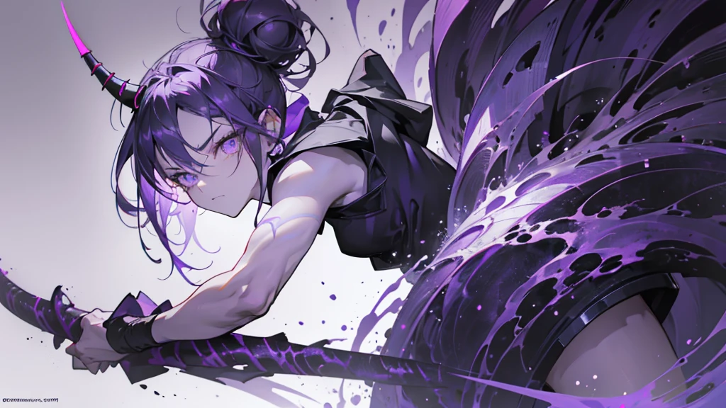 boy. thoughtful look. open forehead. black and purple hair tied in a bun on the left side to one side. sinuous black horns wrapped in dark purple ribbon. pale violet eyes. in short dark purple shorts. long white T-shirt. dark purple knee-high socks. dark_purple long coat with hood. древние dark_purple stone dungeon walls. purple light from lamps on the ceiling beams