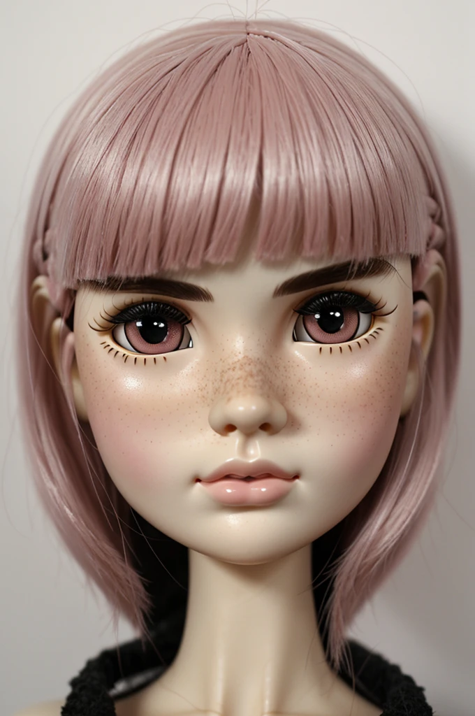 Blythe Doll, short black hair with bangs, sparse eyebrows, black eyes, white with pink tones and few freckles on the nose, lips not too small nor too big