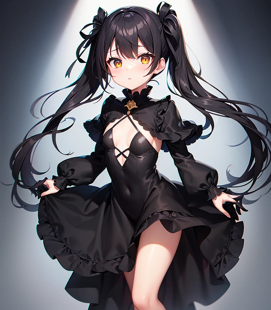 (((Black elegant dress))),(In a naughty way),Cute little ,Tiny Lorill girl,,Childish, Very fine clean face,Top quality, Big eyes,Straight Hair,Yellow hair,Crimson Eye,(Dark Room), Subtle light, Natural light,Soft lighting,Light from directly behind, (Are standing), Cute pose, (Open your hands), Showing the whole body,Front view,Black background