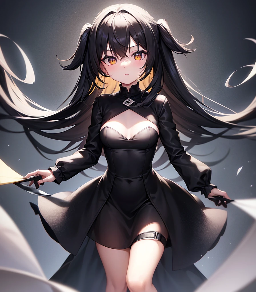 (((Black elegant dress))),(In a naughty way),Cute little loli,Tiny Lori,Small girl,,Childish face, Very fine clean face,Top quality, Big eyes,Straight Hair,Yellow hair,Crimson Eye,(Dark Room), Subtle light, Natural light,Soft lighting,Light from directly behind, (Are standing), Cute pose, (Open your hands), Showing the whole body,Front view,Black background