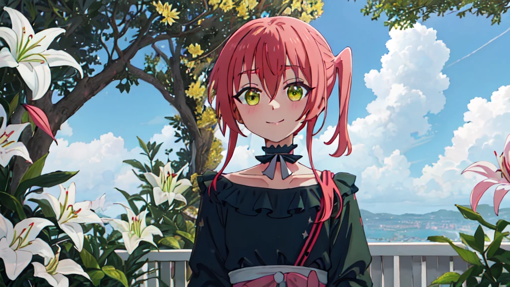 Highest quality, masterpiece, High resolution, alone, {we_It is in it_Bocchi the Rock:1.15}, red_hair, length_hair, 前hair, hair_between_eye, One_~ side_superior, green_eye, smile, 2girl, multiple_girl, yellow_eye, Closed_mouth, Day, Outdoor, ~ side_ponytail, null, alone_concentrated, choker, cloud, blonde_hair, pink_hair, lily