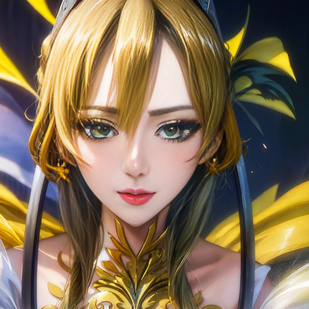 "Witness the regal beauty of a Lancer Artoria with the captivating face of Alexis Texas. Her piercing green eyes, framed by yellow eyelashes, exude elegance and maturity. Adorned with a majestic crown, she is the epitome of grace and power."