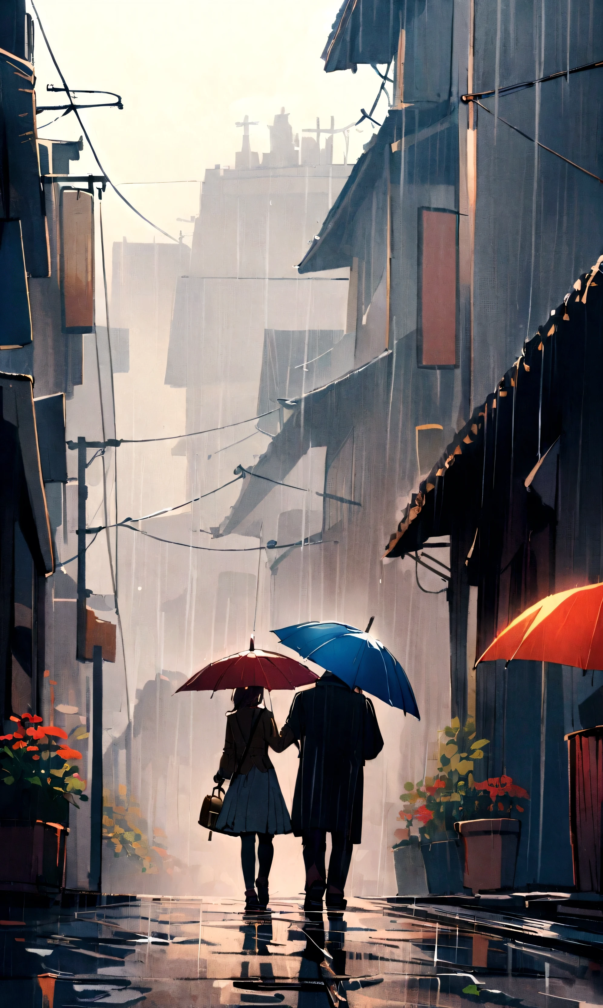 2 lovers walk on the way in the rain with umbrella