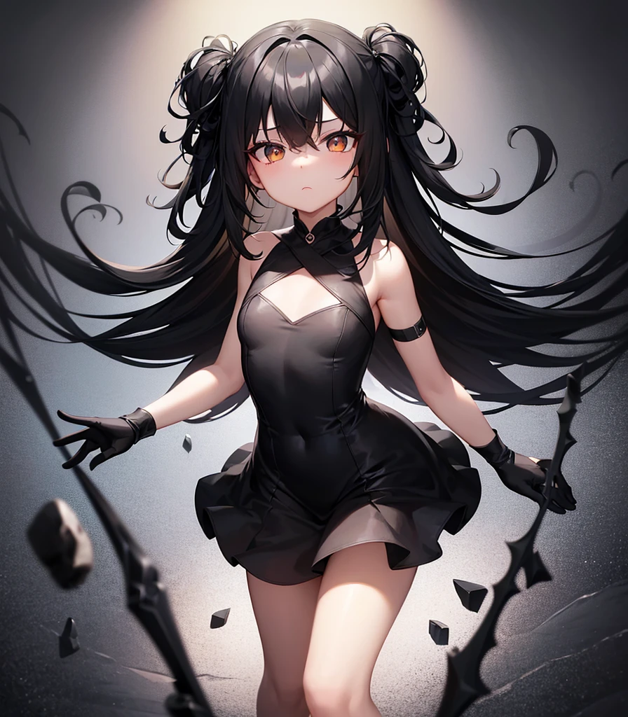 (((Black elegant dress))),(In a naughty way),Cute little loli,Tiny Lori,Small girl,,Childish face, Very fine clean face,Top quality, Big eyes,Straight Hair,Yellow hair,Crimson Eye,(Dark Room), Subtle light, Natural light,Soft lighting,Light from directly behind, (Are standing), Cute pose, (Open your hands), Showing the whole body,Front view,Black background