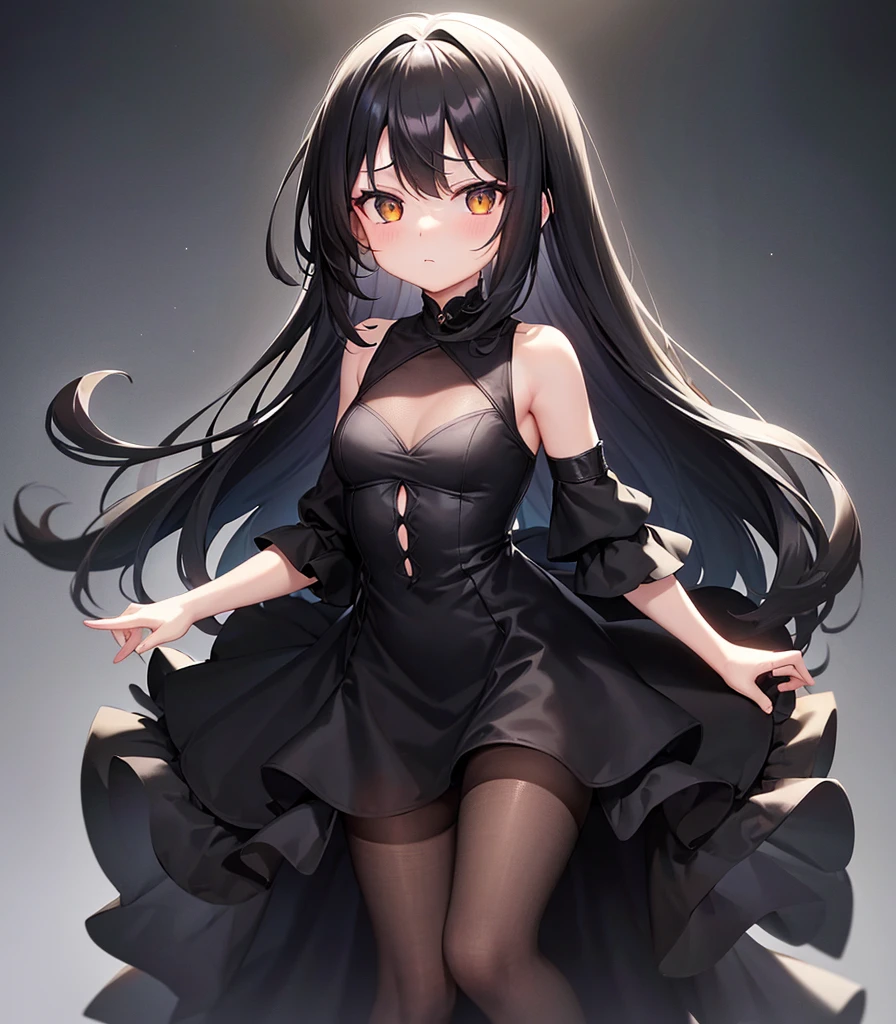 (((Black elegant dress))),(In a naughty way),Cute little ,Tiny Lori,Small girl,,Childish face, Very fine clean face,Top quality, Big eyes,Straight Hair,Yellow hair,Crimson Eye,(Dark Room), Subtle light, Natural light,Soft lighting,Light from directly behind, (Are standing), Cute pose, (Open your hands), Showing the whole body,Front view,Black background