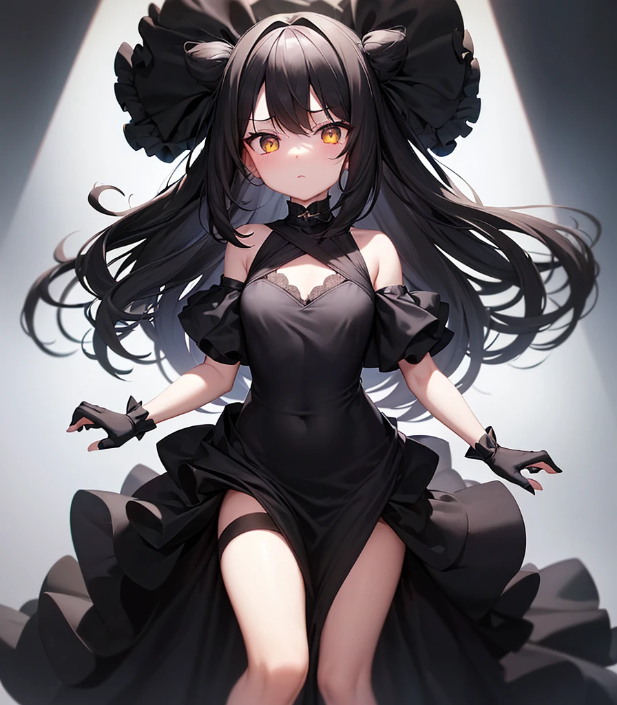 (((Black elegant dress))),(In a naughty way),Cute little loli,Tiny Lori,Small girl,,Childish face, Very fine clean face,Top quality, Big eyes,Straight Hair,Yellow hair,Crimson Eye,(Dark Room), Subtle light, Natural light,Soft lighting,Light from directly behind, (Are standing), Cute pose, (Open your hands), Showing the whole body,Front view,Black background
