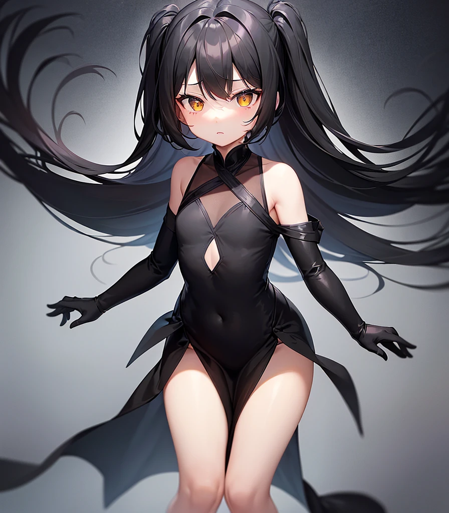 (((Black elegant dress))),(In a naughty way),Cute little ,Tiny Lori,Small girl,,Childish face, Very fine clean face,Top quality, Big eyes,Straight Hair,Yellow hair,Crimson Eye,(Dark Room), Subtle light, Natural light,Soft lighting,Light from directly behind, (Are standing), Cute pose, (Open your hands), Showing the whole body,Front view,Black background