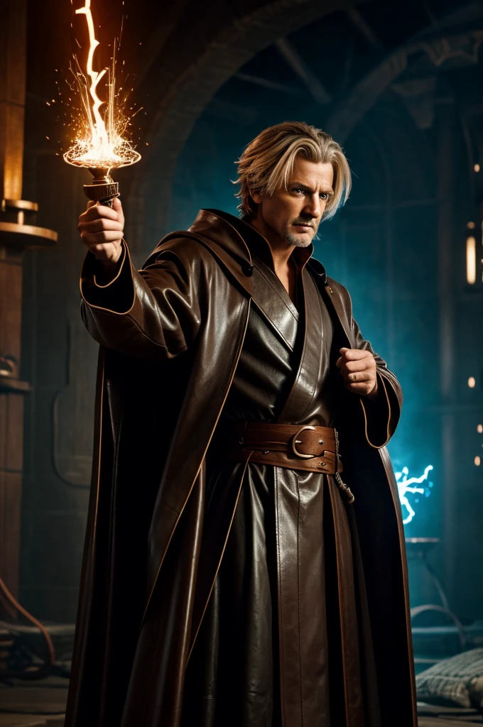 Dugneons and dragons character man with leather robe and electrified hair looking like a master wizard