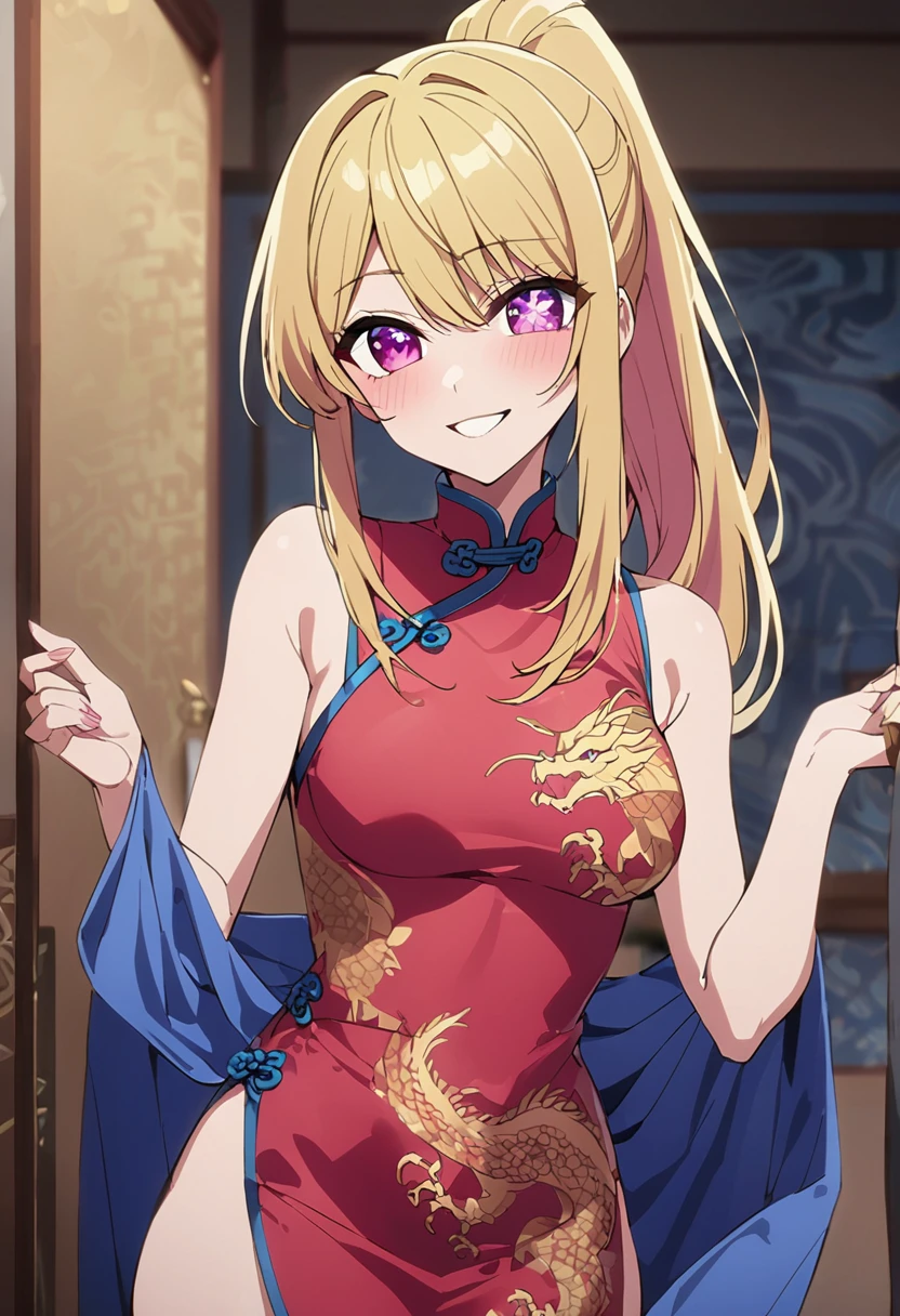 Blonde、Blue dragon patterned cheongsam、Cowboy Shot、Highest quality、Star-shaped pupil、The best smile、long hair、Pink Eyes、ponytail