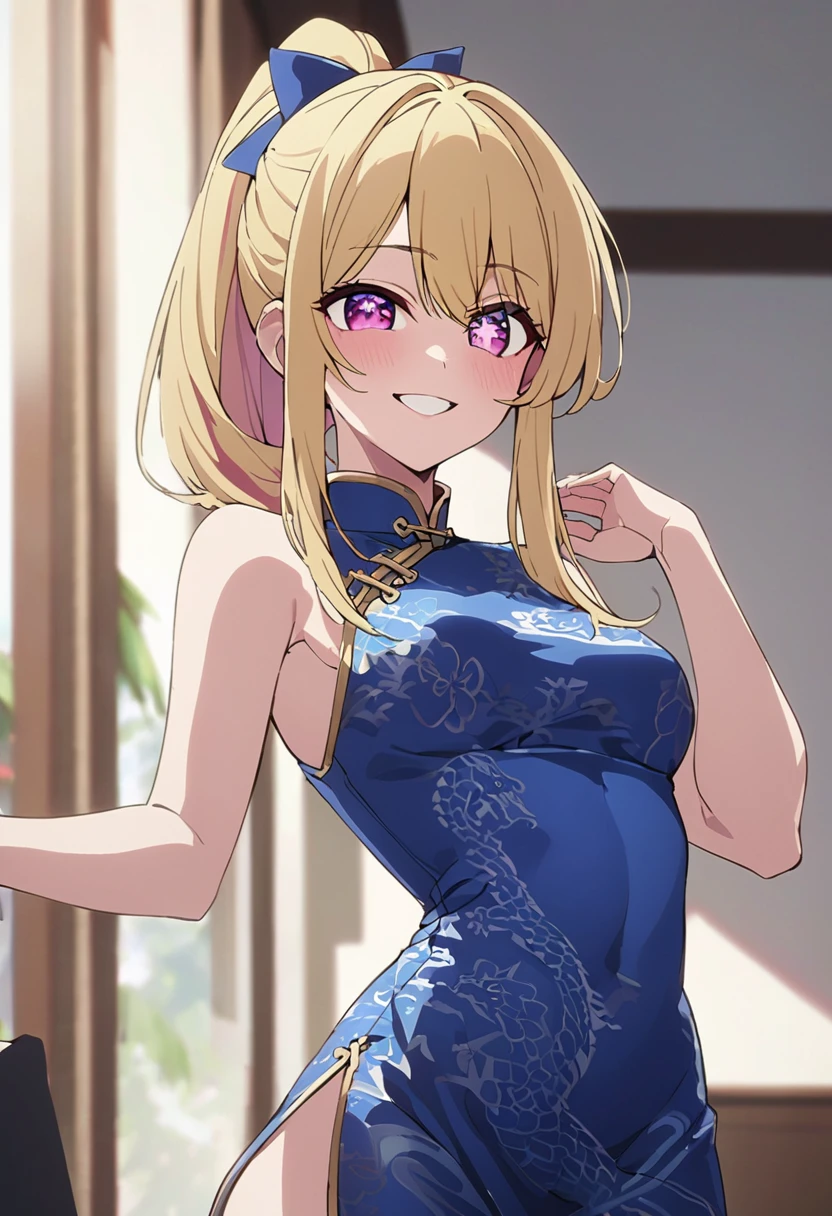 Blonde、Blue dragon patterned cheongsam、Cowboy Shot、Highest quality、Star-shaped pupil、The best smile、long hair、Pink Eyes、ponytail