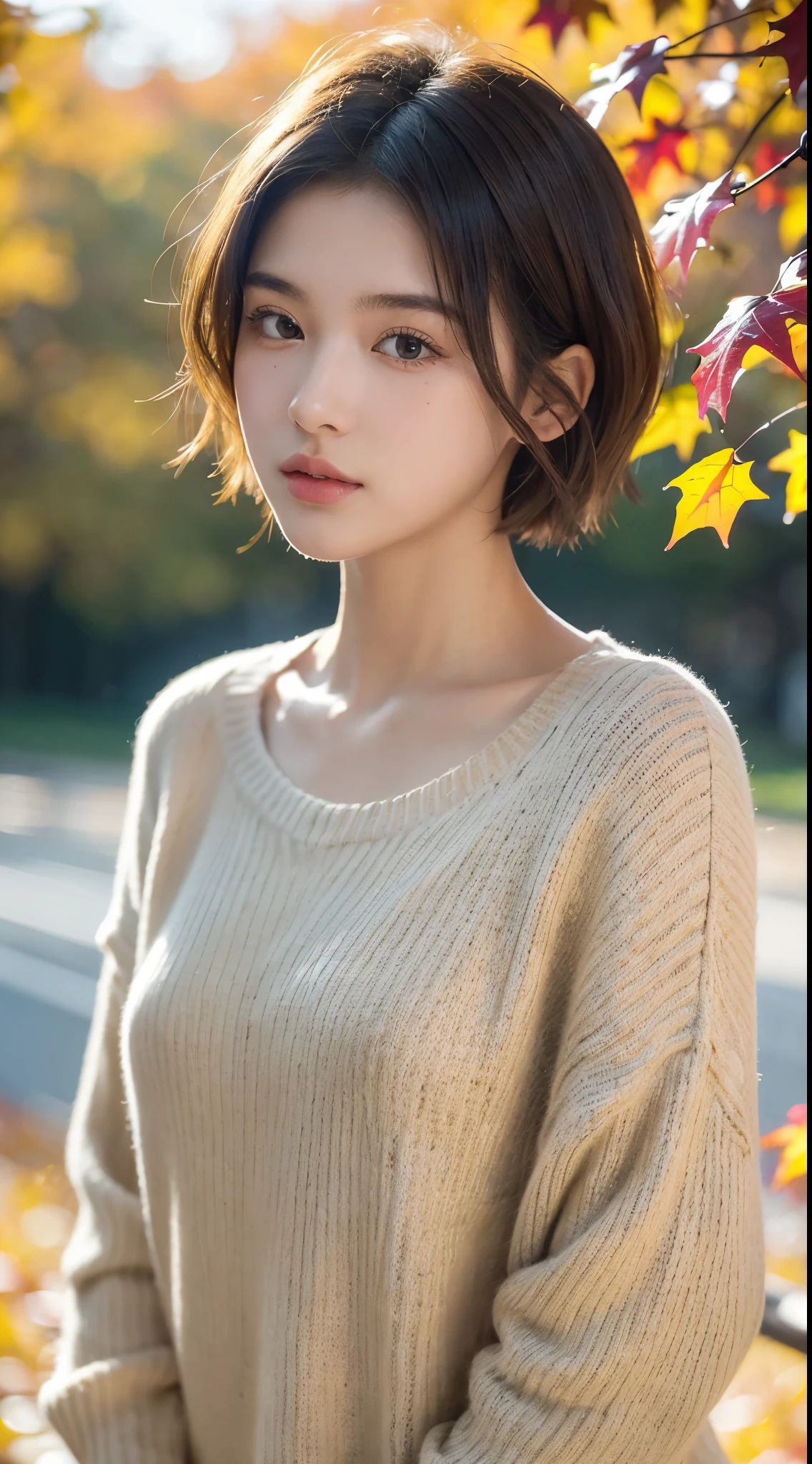 20-year-old girl，Sweaters,  short hair, (upper part of body:1.2), Autumn leaves, Outdoor sports, volumettic light, Cinematic, golden age, natural  lightting, realistically, natural  lightting, professional DSLR camera,