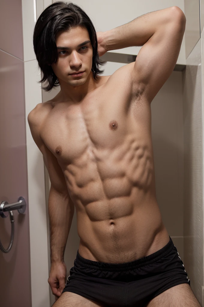 handsome young man with black hair and purple eyes, quite thin, have little muscle, and quite high