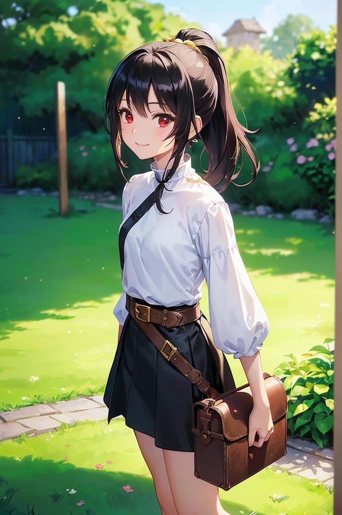 (masterpiece; best quality: 1.2), (finely detailed eyes: 1.3), ((10 year old female kid)), ((solo)), (red eyes: 1.4), (body; short, slender, very small breasts: 1.3), (black hair in ponytail: 1.3), (beautiful and clear background: 1.2), ((depth of field)), (clothes: wanderer mage attire + white-and-gold wide-sleeve high-neck shirt + long black skirt + belts + traveler pouches and satchel: 1.3), (anime illustration: 1.2), (background; garden exterior: 1.1), (extremely fine and beautiful: 1.1), (shot composition; standing + centered on torso + close-up: 1.5), (expression; calm, smile: 1.2)