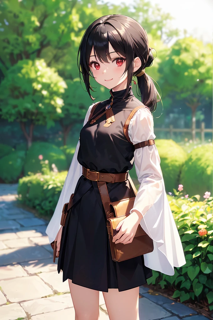(masterpiece; best quality: 1.2), (finely detailed eyes: 1.3), ((10 year old female kid)), ((solo)), (red eyes: 1.4), (body; short, slender, very small breasts: 1.3), (black hair in ponytail: 1.3), (beautiful and clear background: 1.2), ((depth of field)), (clothes: wanderer mage attire + white-and-gold wide-sleeve high-neck shirt + long black skirt + belts + traveler pouches and satchel: 1.3), (anime illustration: 1.2), (background; garden exterior: 1.1), (extremely fine and beautiful: 1.1), (shot composition; standing + centered on torso + close-up: 1.5), (expression; calm, smile: 1.2)