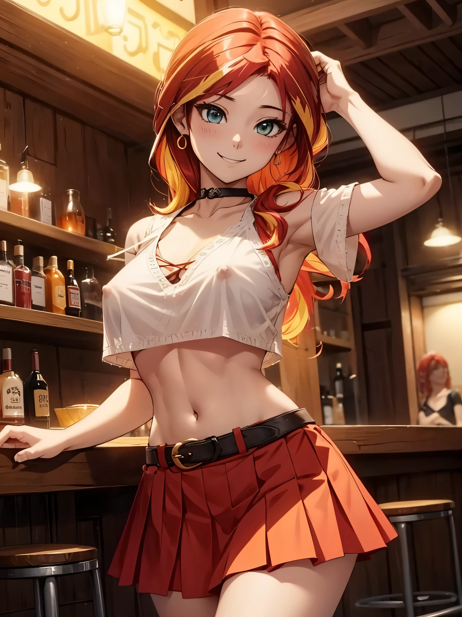 sunsethuman, female, two tones of hair, red and yellow hair, smiling, medium breasts, bar, white crochet shirt, crop top overhang, pleated skirt, collarbone, cowboy shot, nipples
