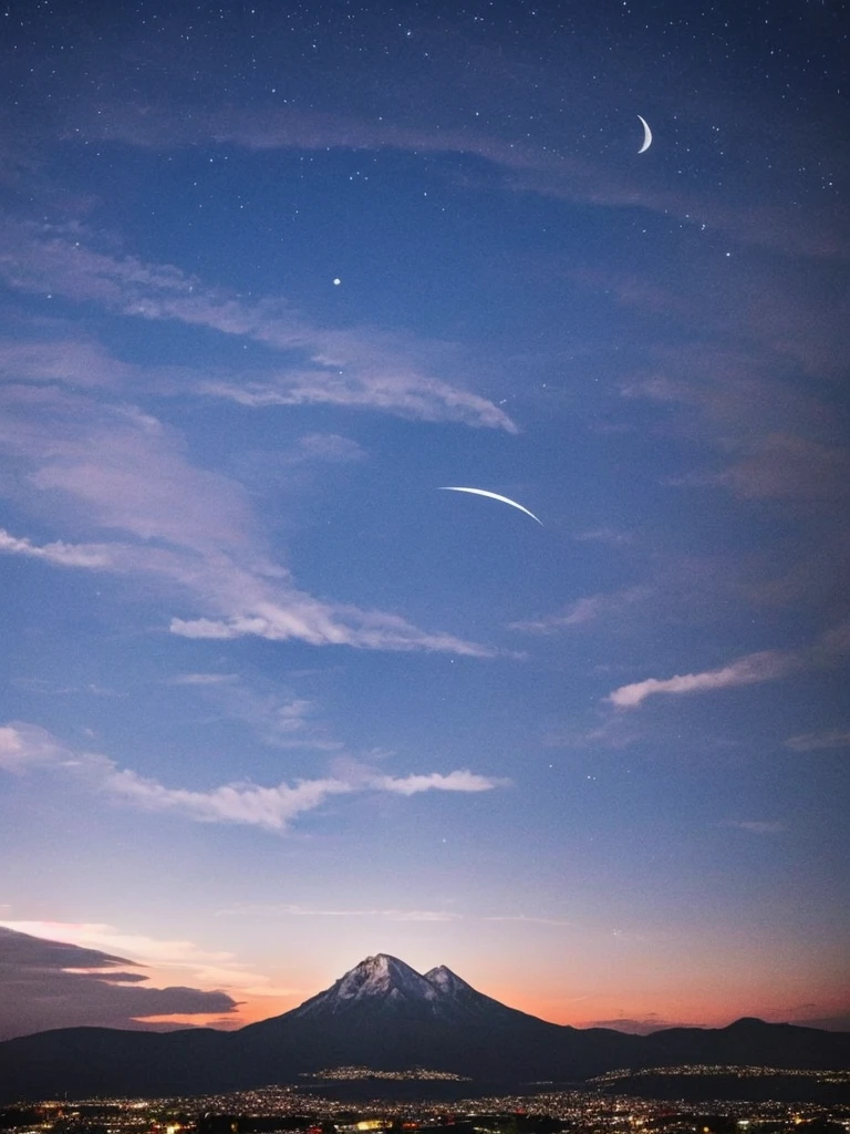 a crescent in the sky with clouds and a mountain in the background, moonlit night dreamy atmosphere, beautiful moonlight night, moonlit night sky, beautiful moonlight, moonlit backdrop, beautiful moon light, moonlit night, crescent moon in background, moonlit nightscape, night sky with moon, nighttime moonlit, moonlit sky, ✨🕌🌙